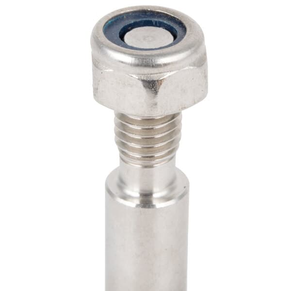 A stainless steel lock pin with a blue nut on the end.