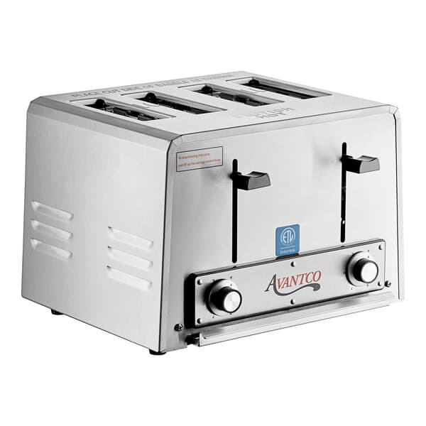 An Avantco commercial toaster with four silver slots and knobs.
