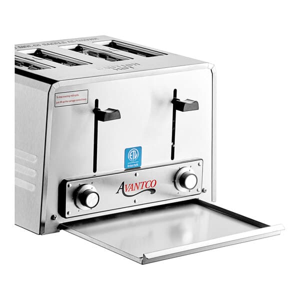 A silver Avantco commercial toaster with the door open.