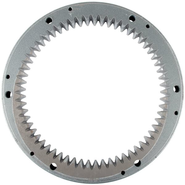 A circular metal gear ring with many holes.