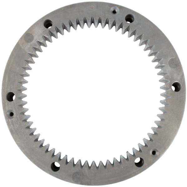 A circular metal turning plate gear with many holes.