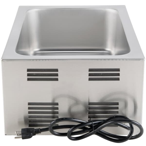 An Avantco stainless steel countertop food warmer with 3 rectangular silver inserts and a black cord.