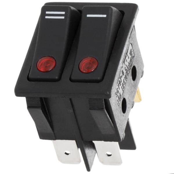A black Avantco On/Off switch with red lights.