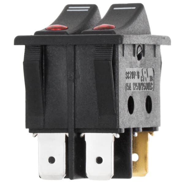 A black Avantco On / Off switch with two red lights.