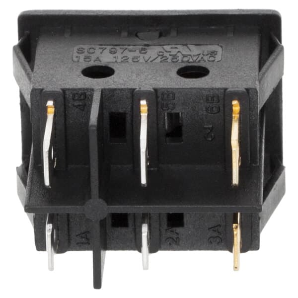 An Avantco black rocker switch with gold terminals.