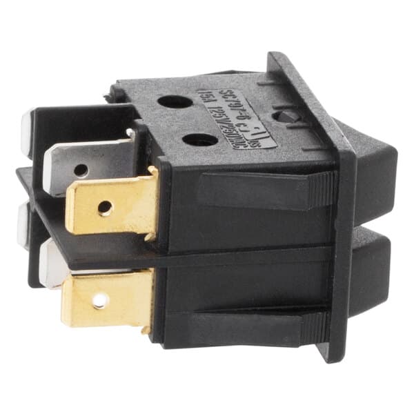 An Avantco black and gold On / Off switch with gold and silver colored terminals.