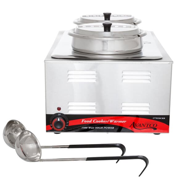 An Avantco countertop food warmer with two stainless steel pots with lids and two ladles.