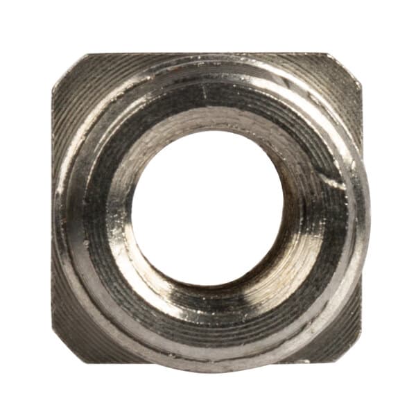 A close-up of a stainless steel square head blade nut.