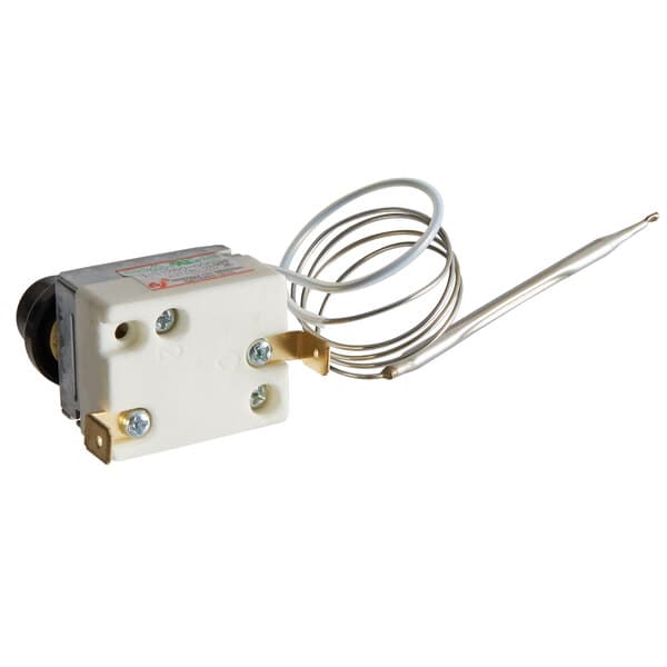 A white plastic device with a wire and a black wheel.