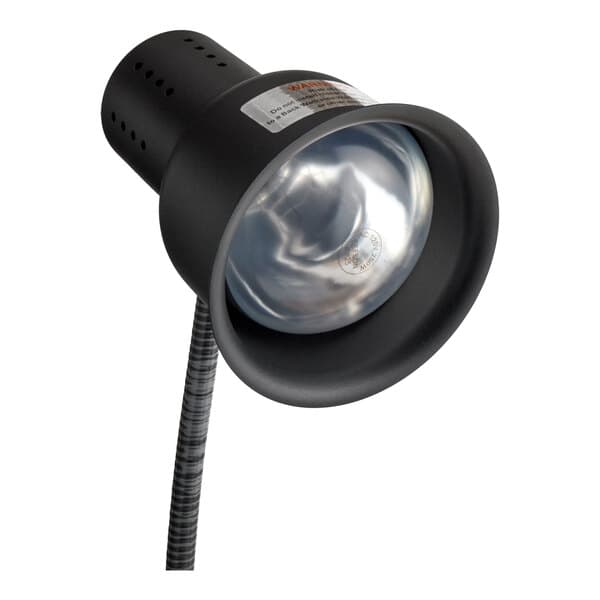 A black single arm bulb warmer flexible heat lamp with a stainless steel clamp.