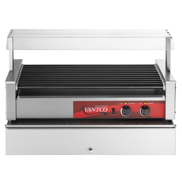 An Avantco commercial hot dog roller grill with a black and silver electric grill and a red and white bun cabinet.