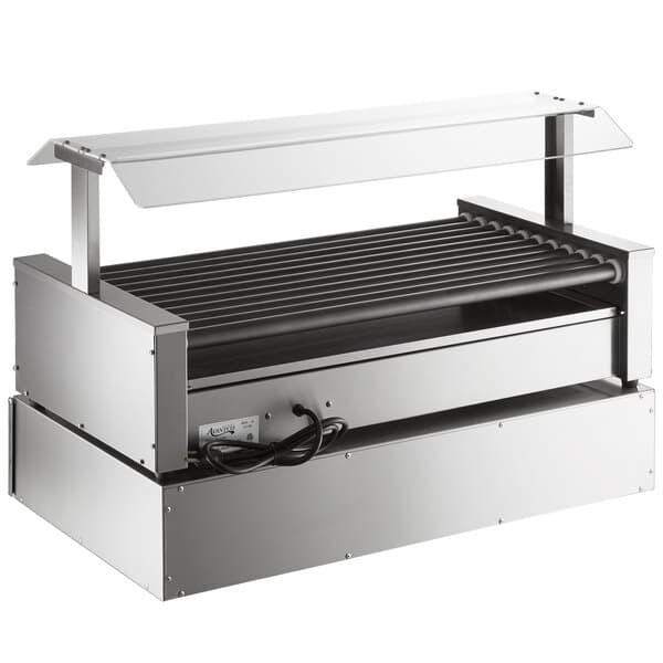 A silver and black Avantco hot dog roller grill with a glass top.