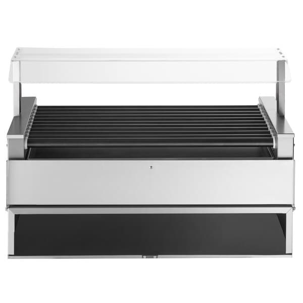 An Avantco stainless steel hot dog roller with a black and silver pass-through canopy.