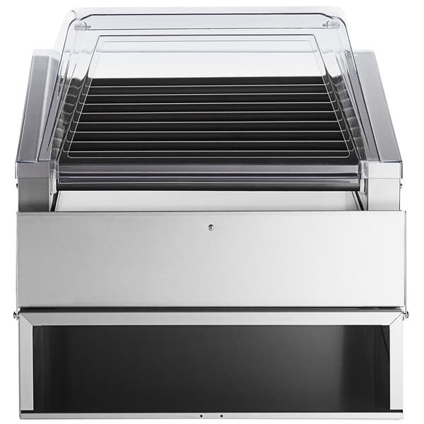 An Avantco stainless steel hot dog roller grill with a clear sneeze guard lid.