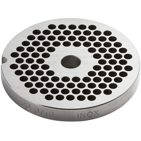 An Avantco stainless steel meat grinder plate with holes in it.