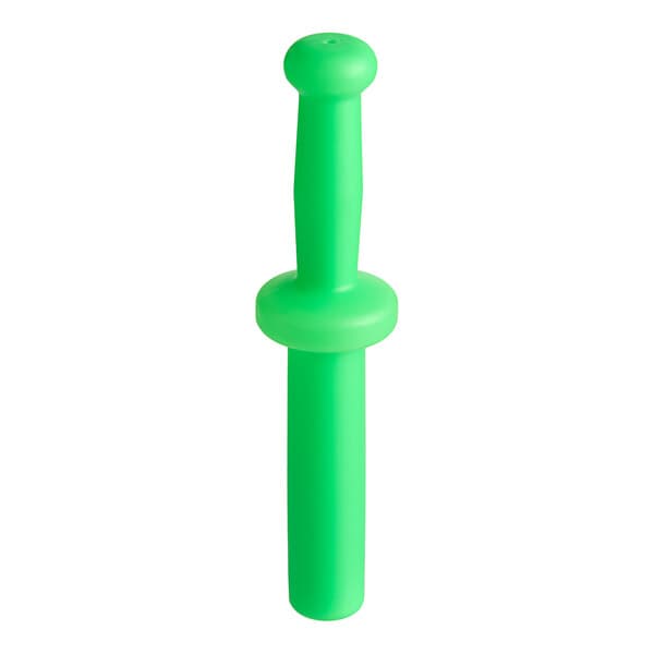 An Avantco green plastic meat tamper with a white background.