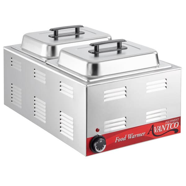An Avantco countertop food warmer with two metal containers inside.