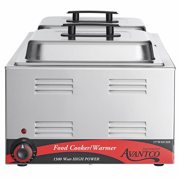 a silver food warmer with black handles