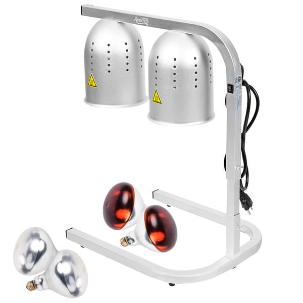 An Avantco silver countertop heat lamp stand with two red bulbs.