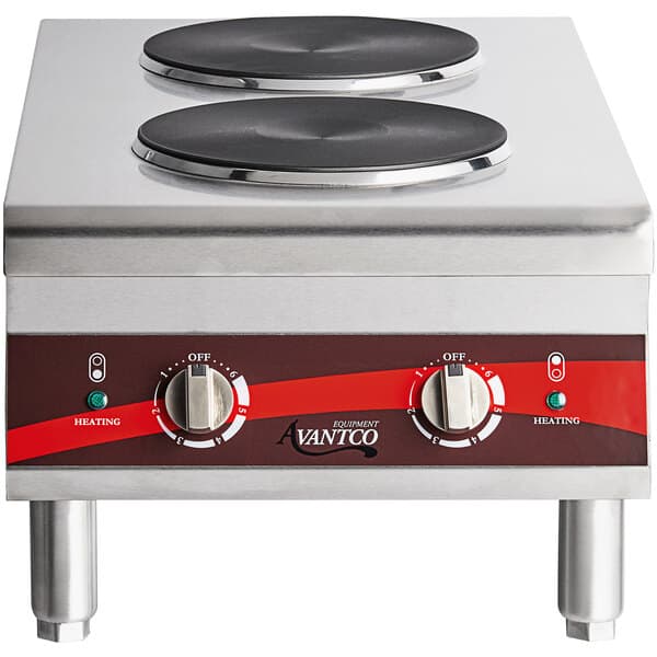 An Avantco dual countertop electric range with two solid burners.