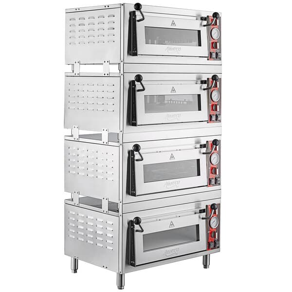 A stack of silver Avantco countertop pizza ovens.