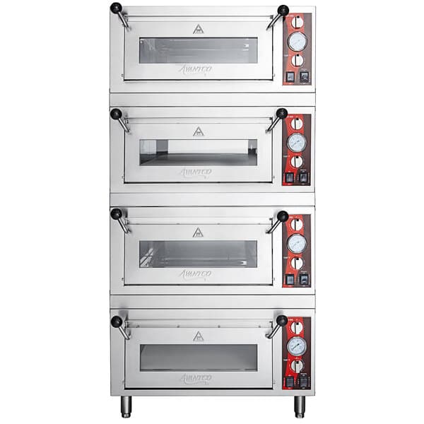 A stack of silver Avantco countertop pizza ovens.