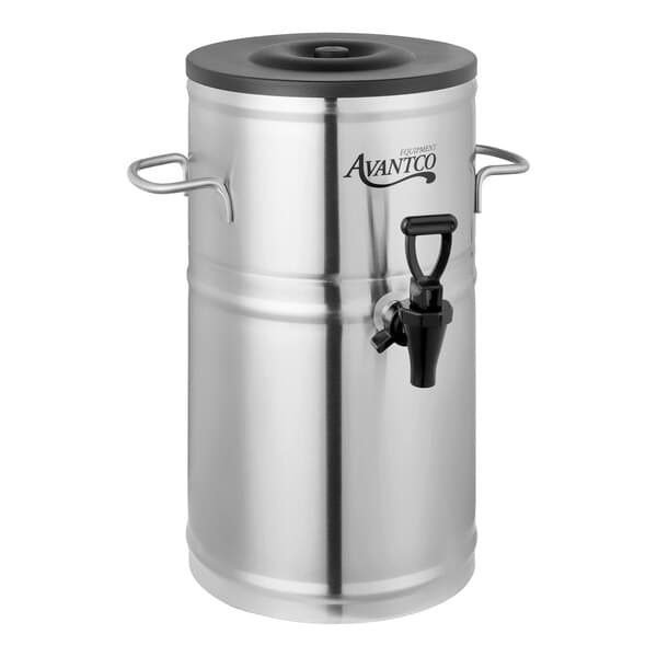 A stainless steel 2-gallon round iced tea dispenser with a black spigot and side handles.
