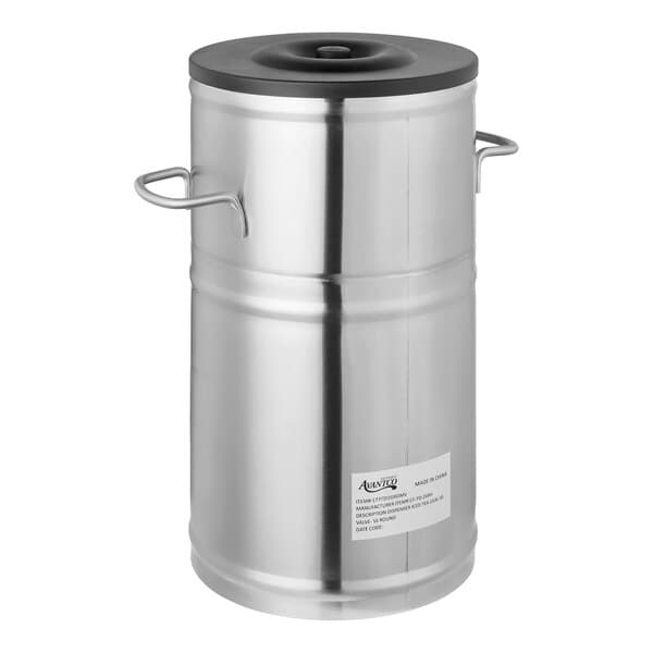 A 2-gallon round stainless steel iced tea dispenser with side handles and a black lid.