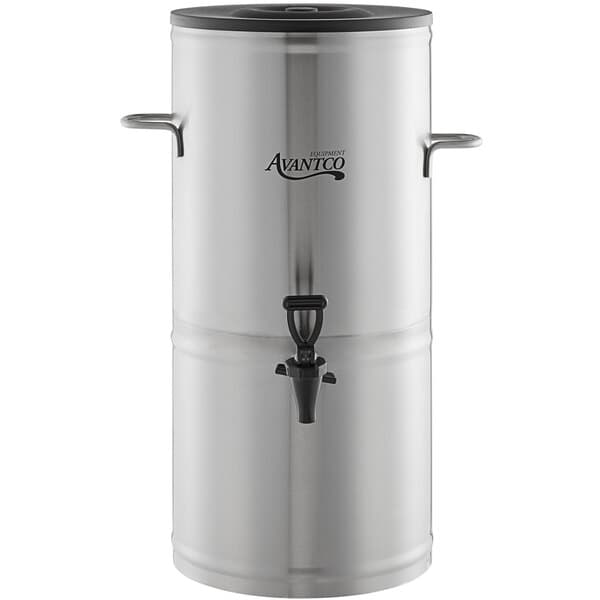 An Avantco stainless steel container with a black handle.