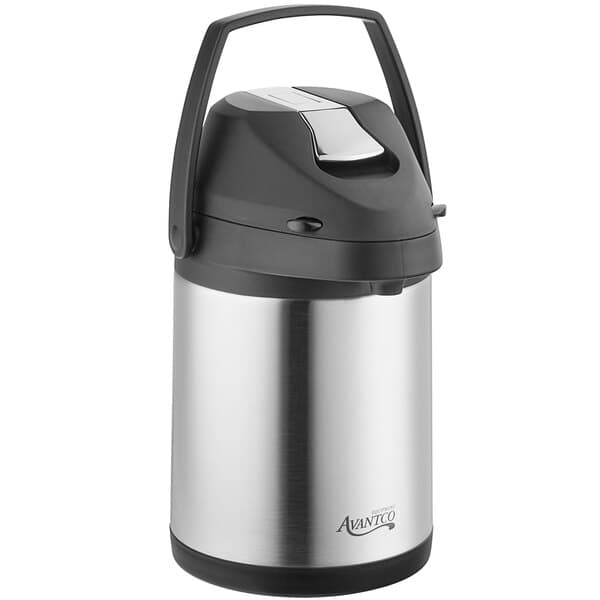 An Avantco stainless steel airpot with a black lever.