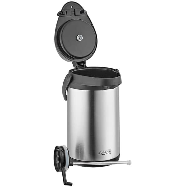 An Avantco stainless steel airpot with a black and silver lid.