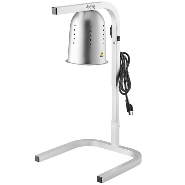 An Avantco aluminum heat lamp with a metal stand and a silver cord.