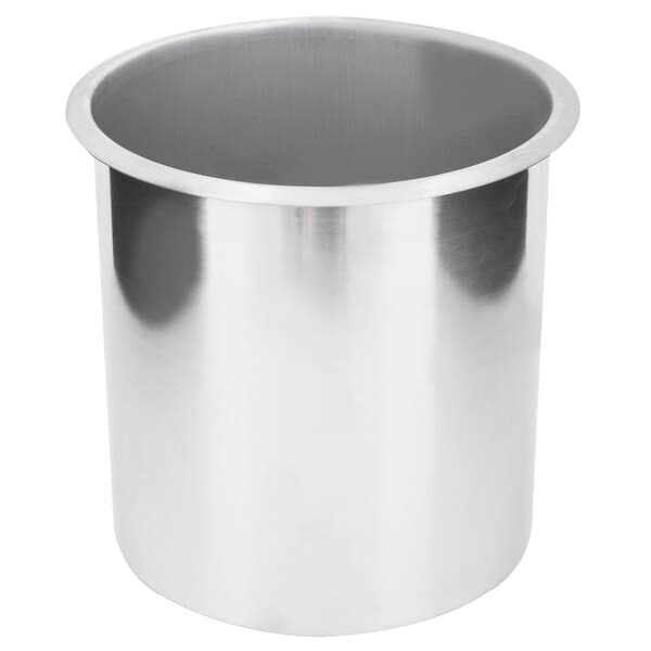 A close-up of a silver container with a lid on a white background.
