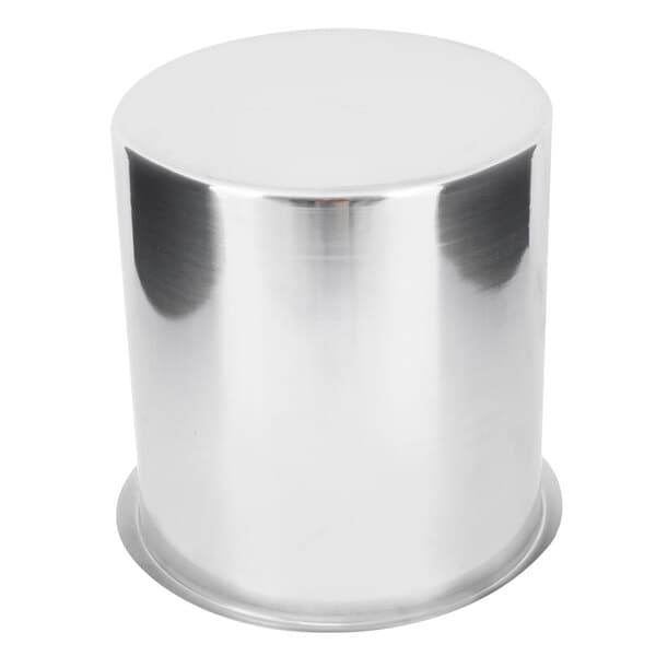 A close-up of a silver cylinder with a white background.