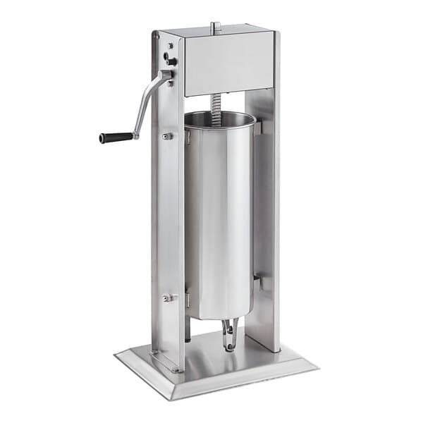 An Avantco stainless steel vertical manual sausage stuffer with a handle.