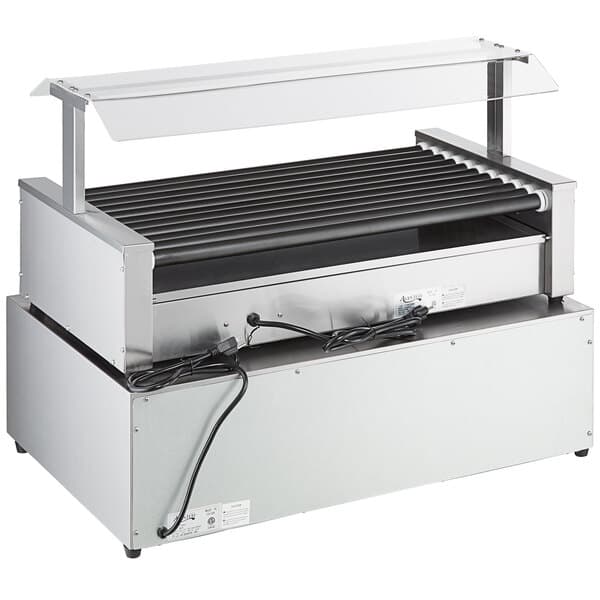 An Avantco hot dog roller grill with a clear lid on top.
