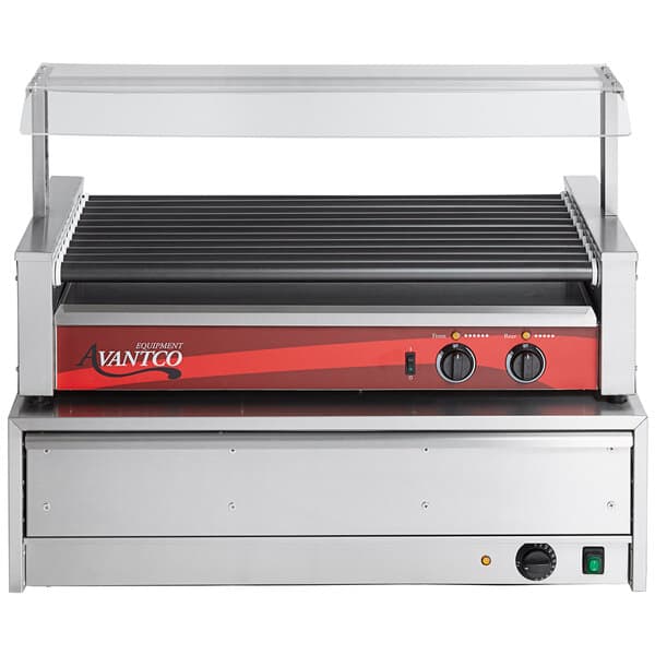 An Avantco commercial hot dog roller grill with a red top and black sides.