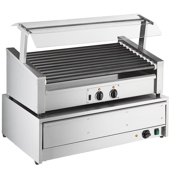 An Avantco slanted hot dog roller grill with a glass canopy on a counter.