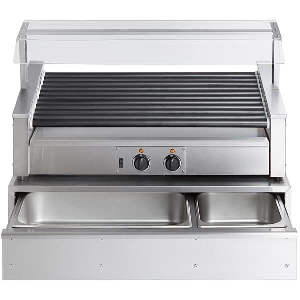An Avantco stainless steel hot dog roller with two bun warmers.