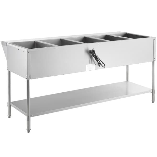 An Avantco stainless steel open well steam table with five compartments on an undershelf.