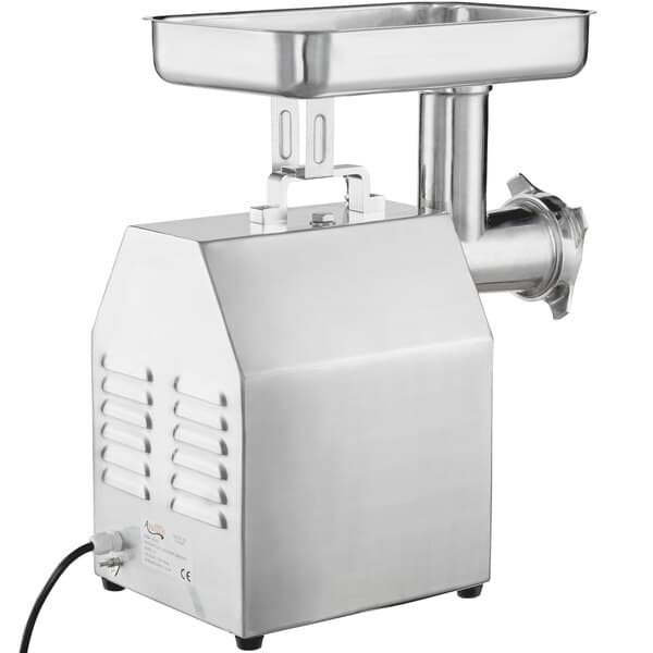 An Avantco stainless steel meat grinder with a tray on top.