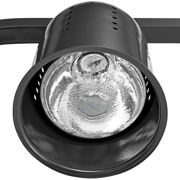 A black Avantco free standing heat lamp with a metal handle over a light bulb.