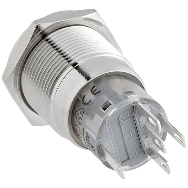 A silver metal start button with white text.