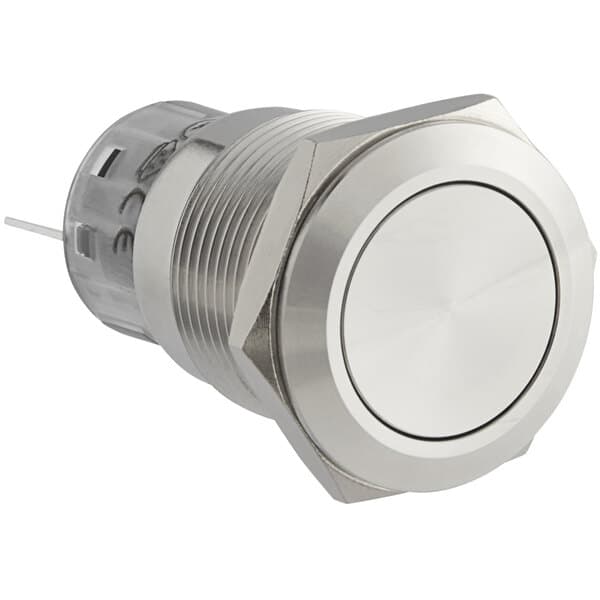 A close-up of a silver push button with a white background.