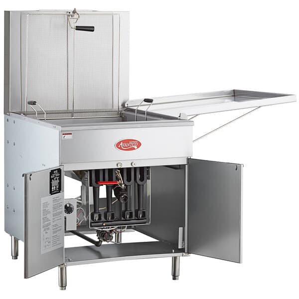 An Avantco natural gas flat bottom fryer with an open lid.