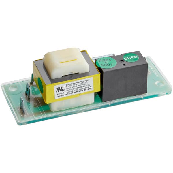 An Avantco motor relay for a meat slicer with a black and yellow cover.