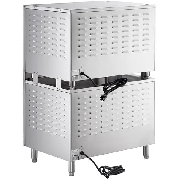 A white rectangular stainless steel box with a black cord.