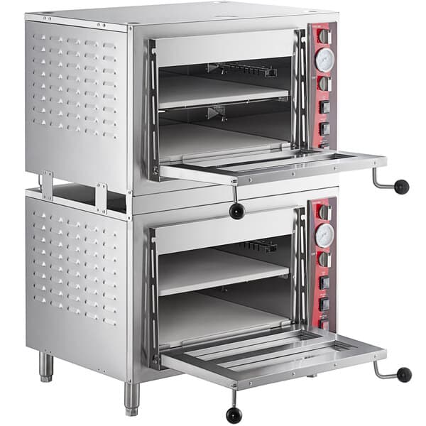 A large metal Avantco countertop oven with two doors open.