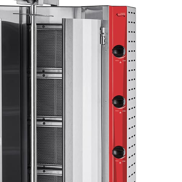 An Avantco gas gyro machine with red and white coloring and black accents.