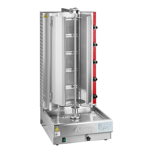 An Avantco gas gyro machine with a stainless steel top and metal door.